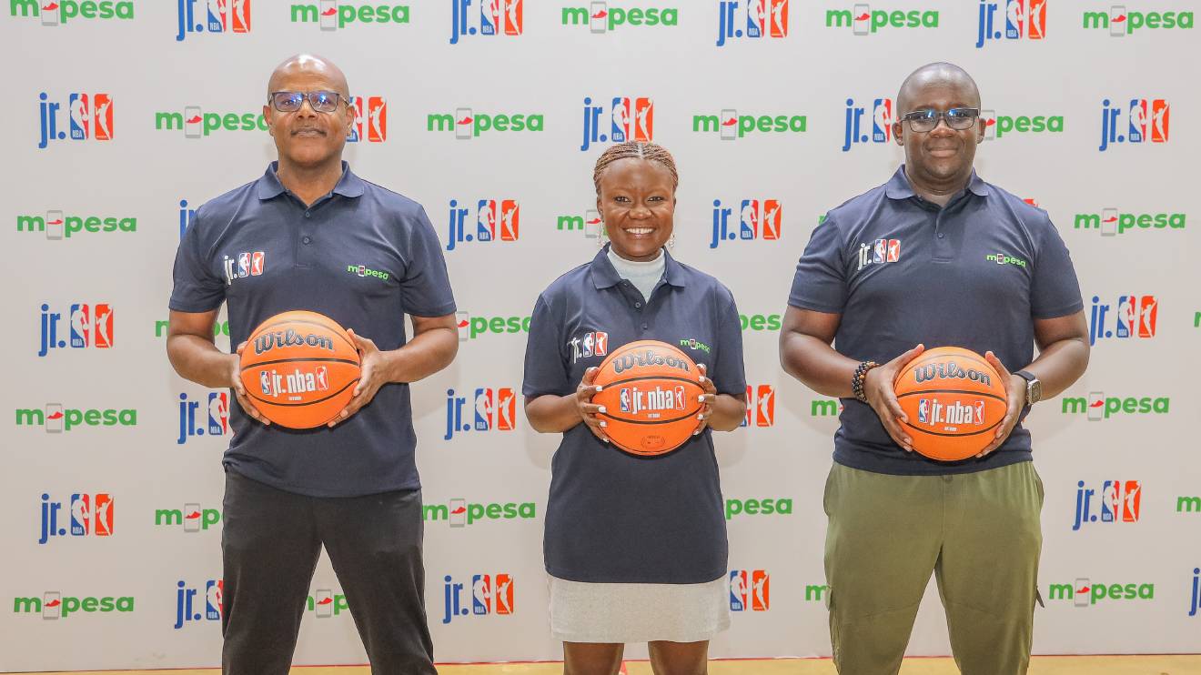 From Left: Michael Finley- NBA Kenya Senior Director and Country Operations Lead, Zizwe Awour-Director Brand and Marketing at Safaricom and Victor Odada- Head of M-PESA Payment at the M-PESA Jr.NBA program launch. PHOTO/COURTESY